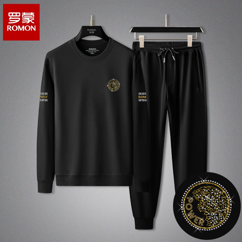 Romon/罗蒙男士商务休闲套装春秋季宽松休闲百搭长袖打底圆领卫衣