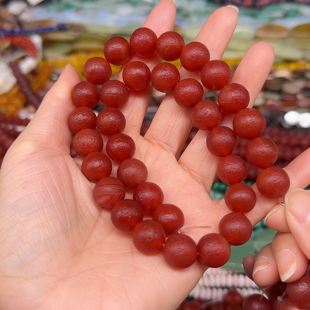 玛瑙/玉髓合金珠宝半成品橘皮红玛瑙12mm一条