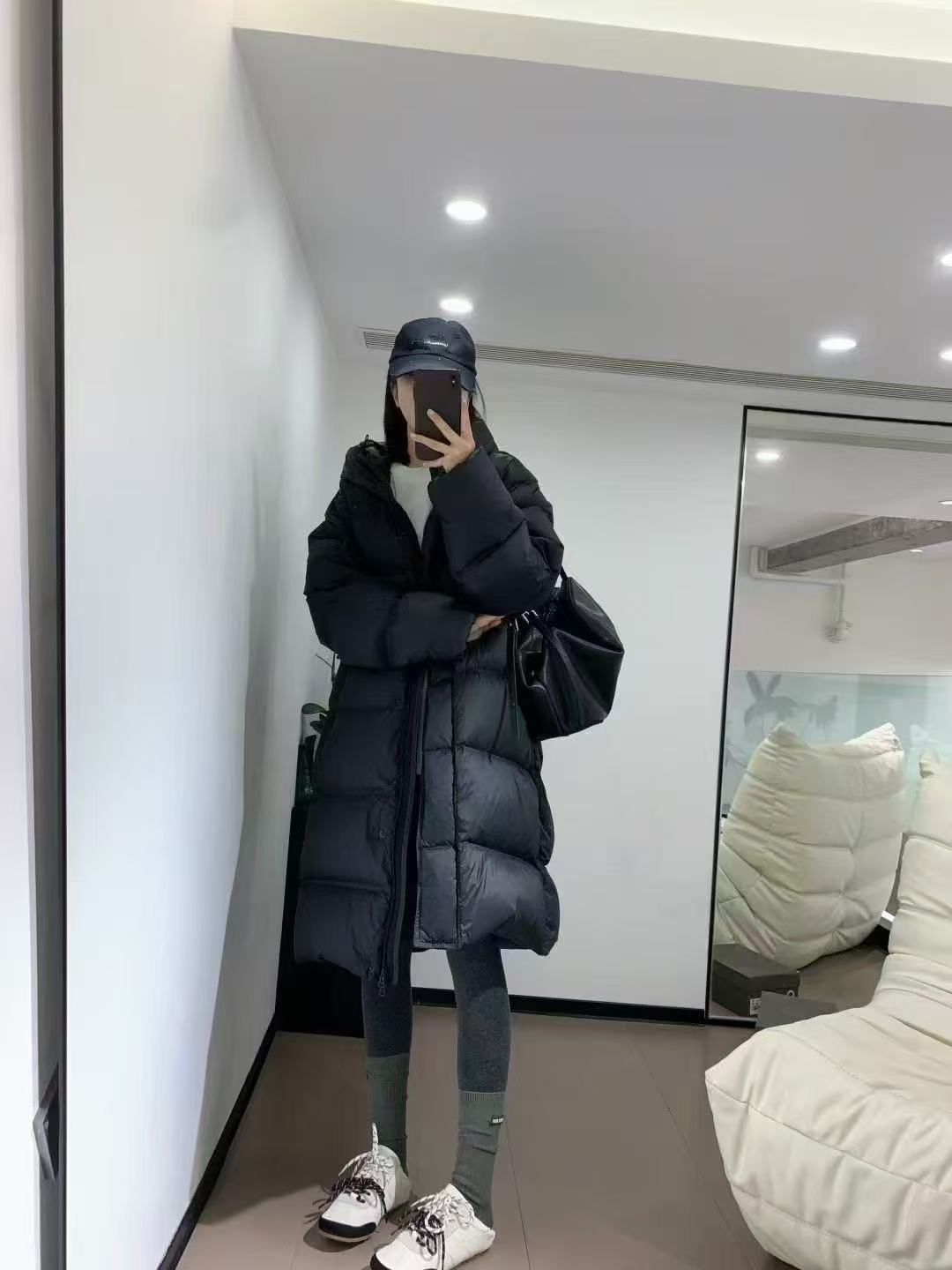 700【鹅绒服】时尚黑色连帽中长款韩版冬季鹅绒服保暖