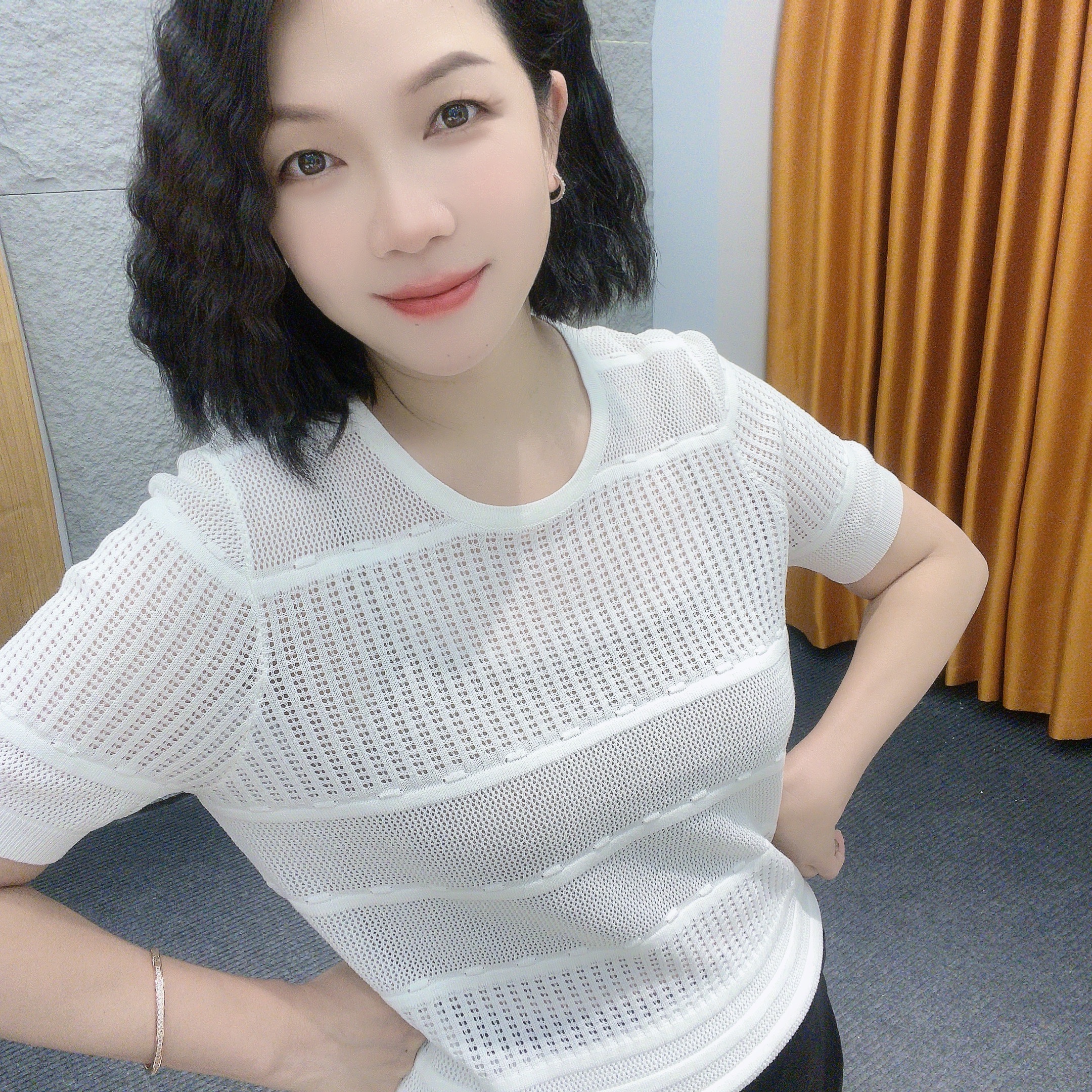 3280夏季圆领套头提花镂空设计短袖【大米家上衣】甜美风气质超透气