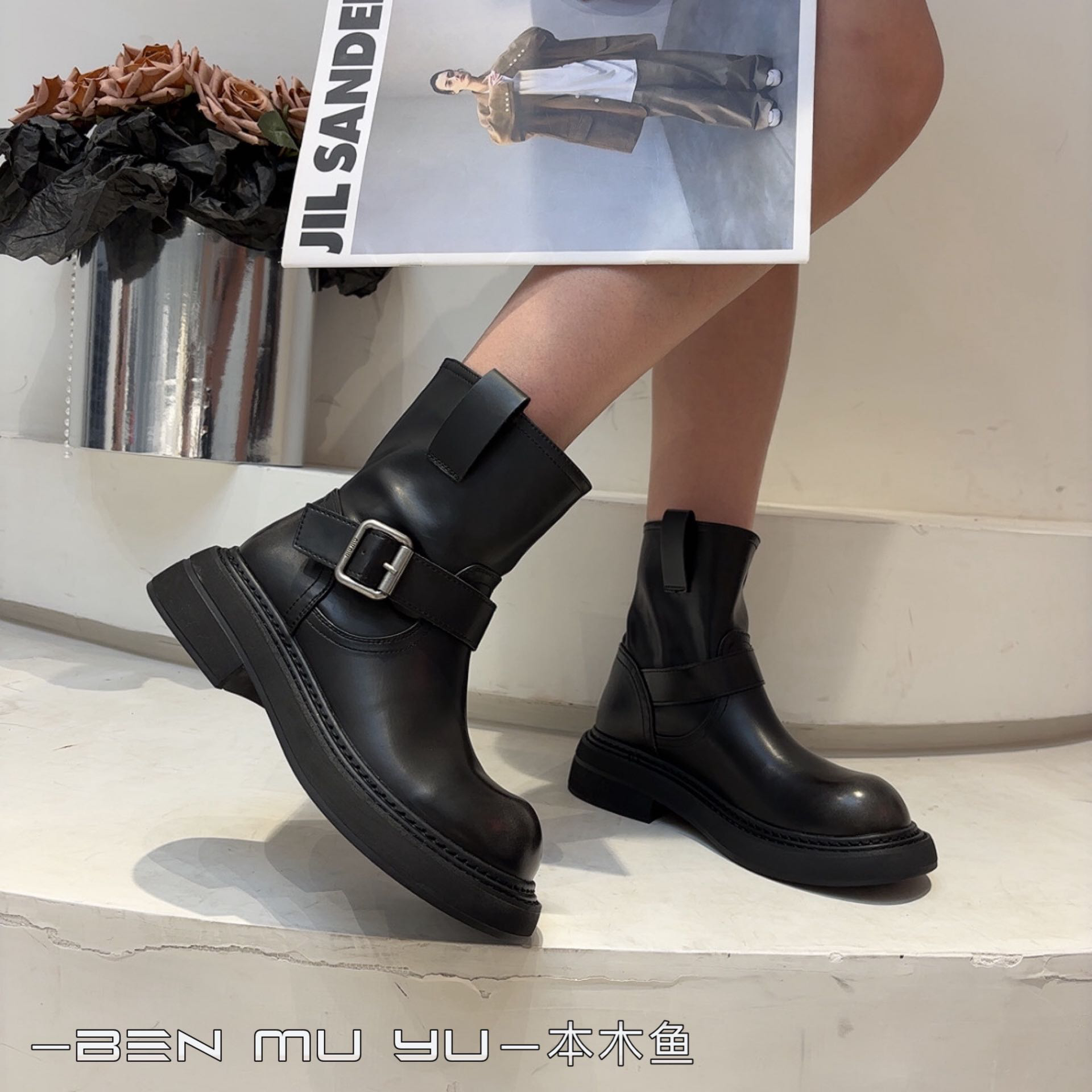 本木鱼6093套筒短靴水钻款瘦瘦靴网红英伦风春秋