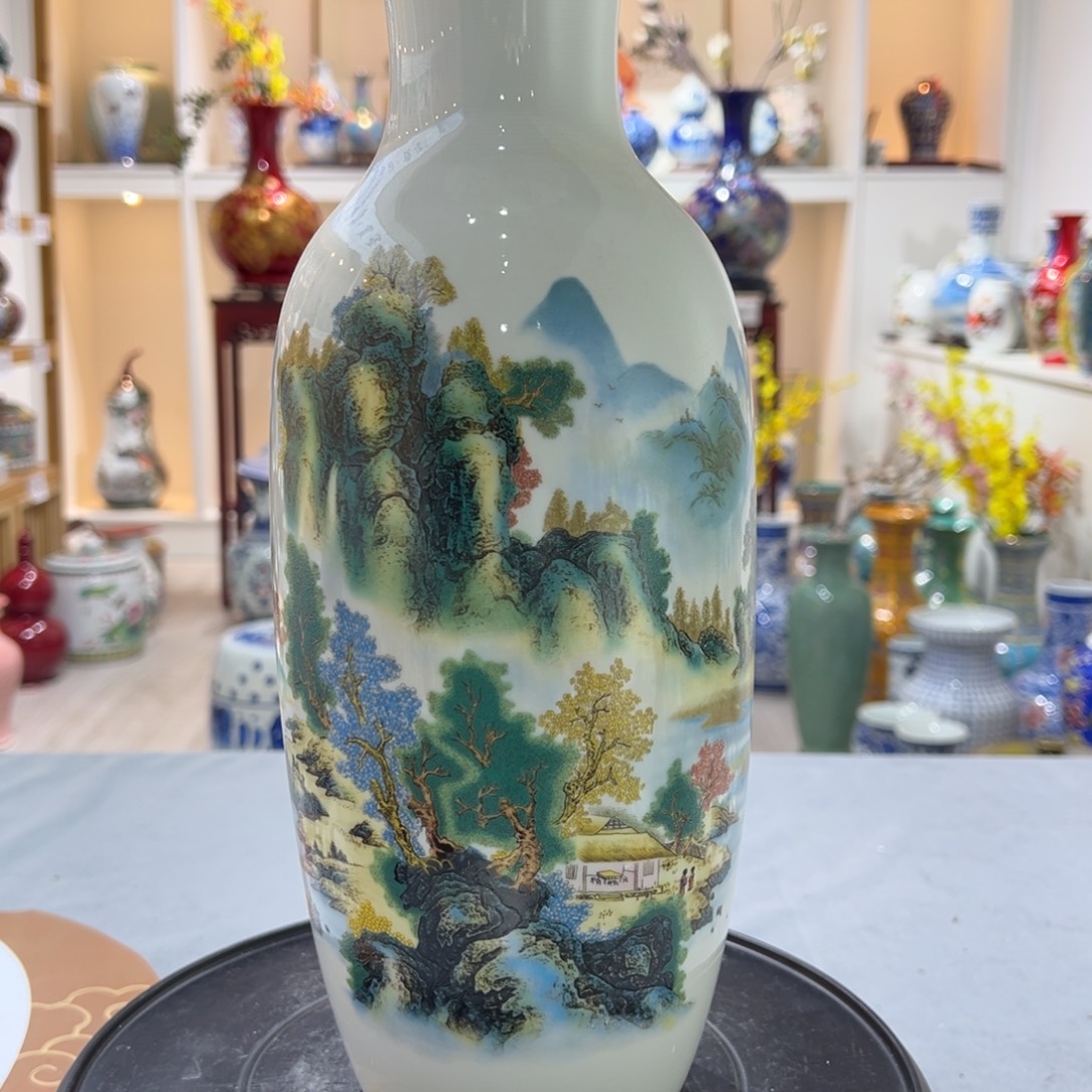 陶摆件36cm山川秀色冬瓜瓶