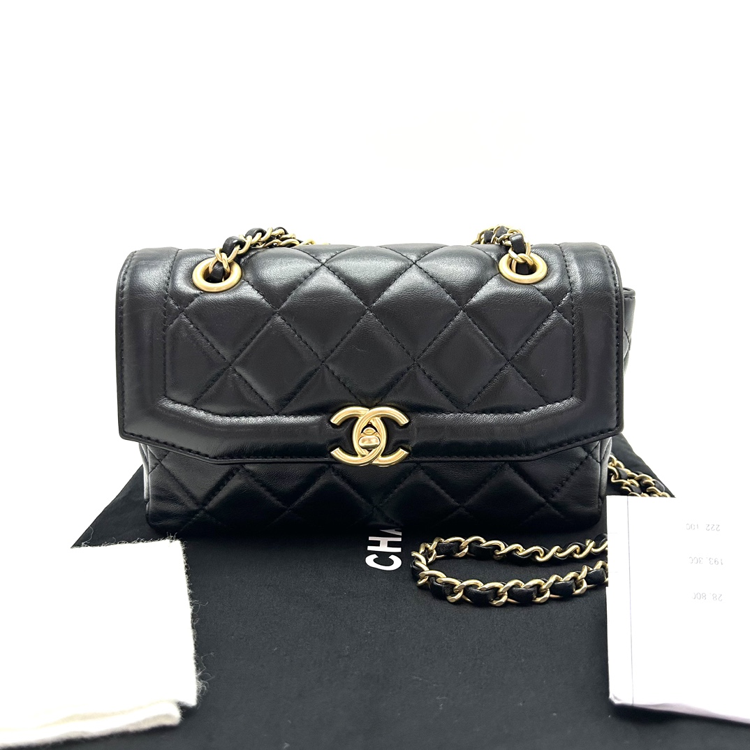 95新 Chanel/香奈儿 25p黑金羊皮单肩斜挎包33072二手