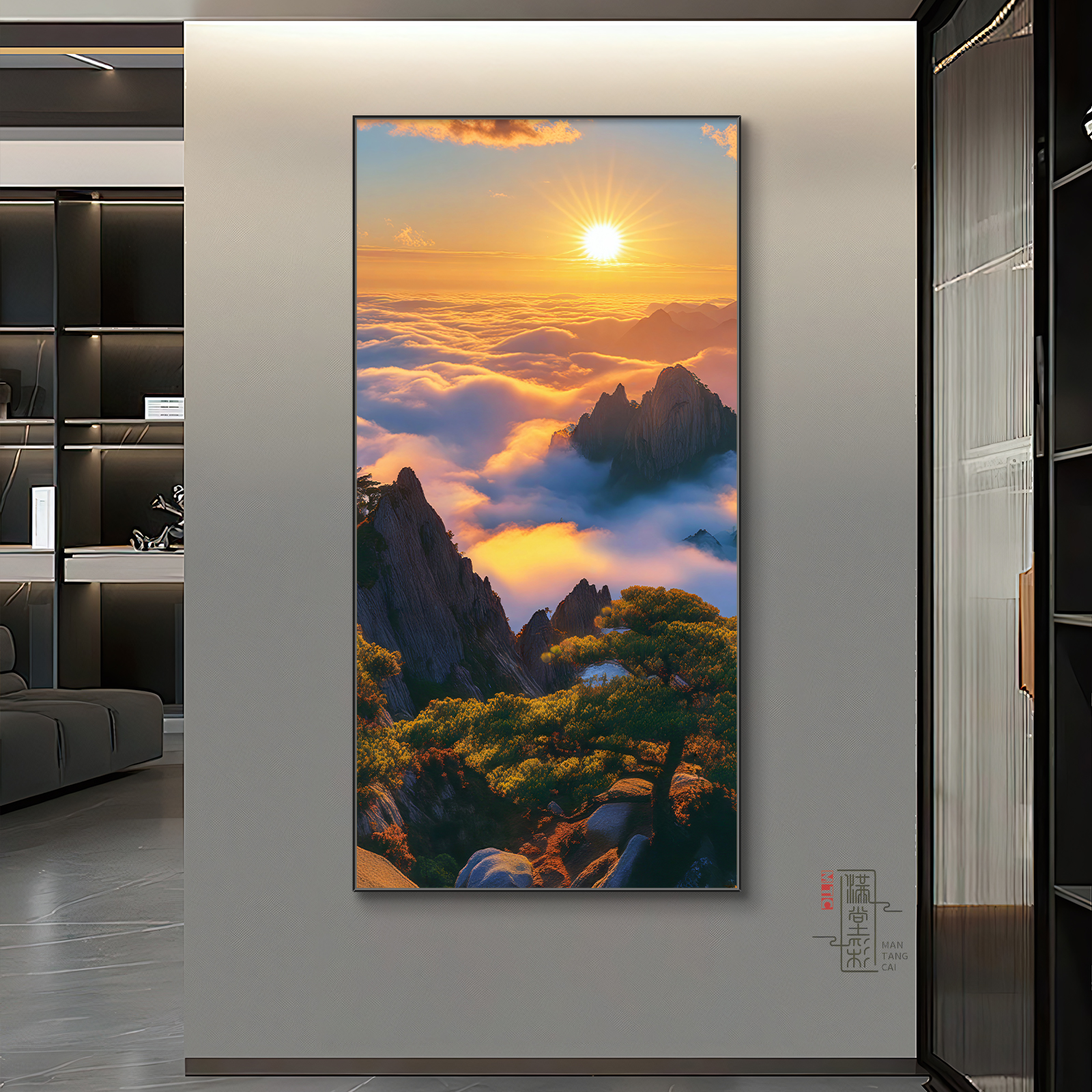 旭日东升玄关挂画现代简约入户客厅东墙装饰画日出迎客松风景挂画