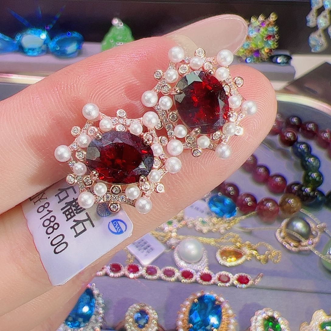 石榴石耳钉银S925镶嵌