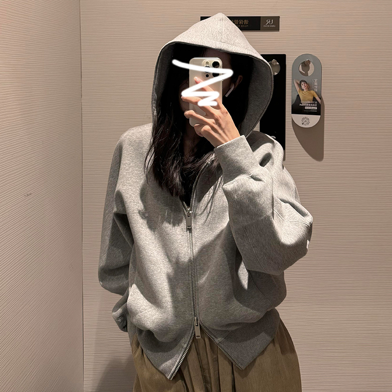 新春灰色小个子双拉链卫衣外套女新爆款宽松连帽上衣纯色慵懒风