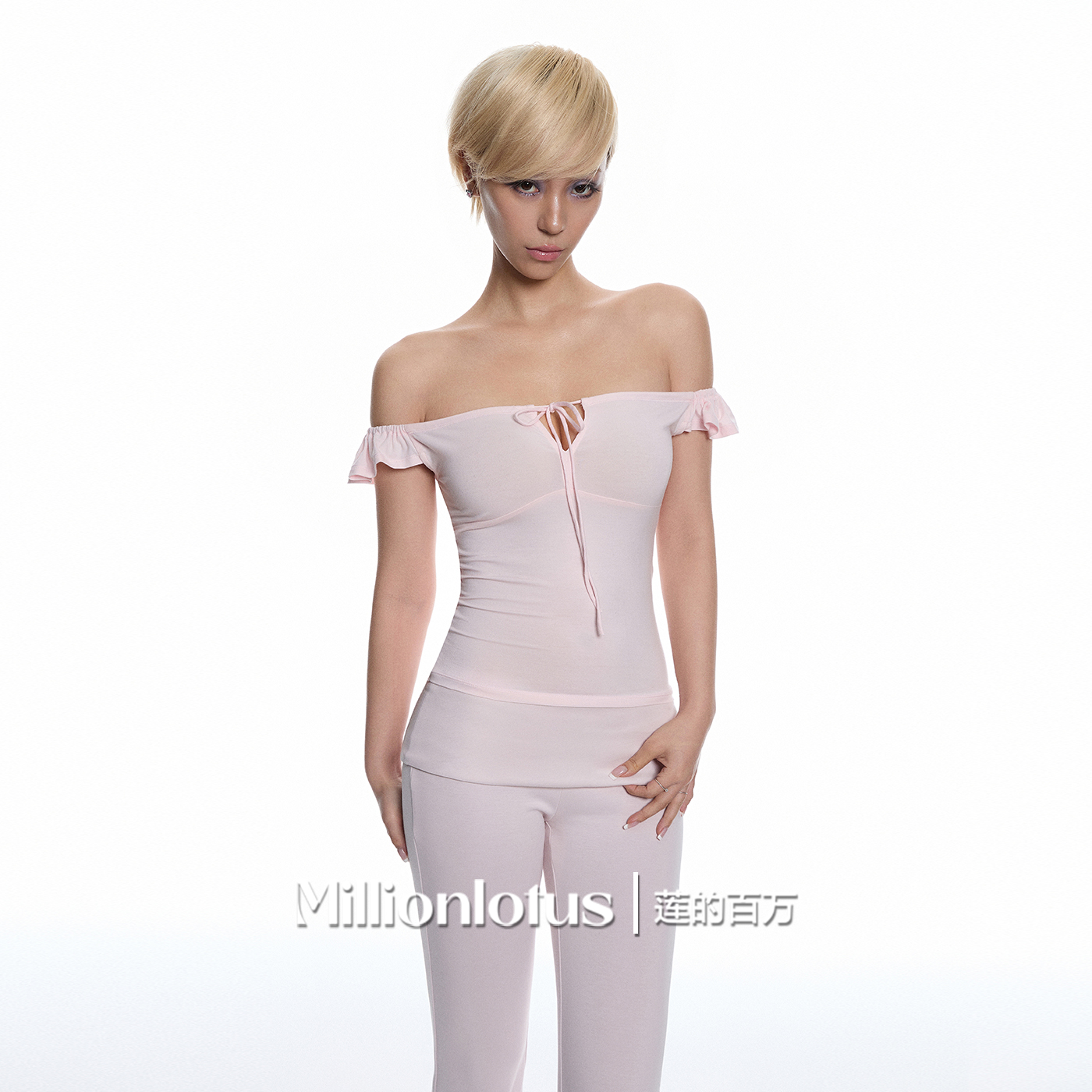 莲的百万 粉色纯欲极简休闲套装小飞袖设计简约纯色套装