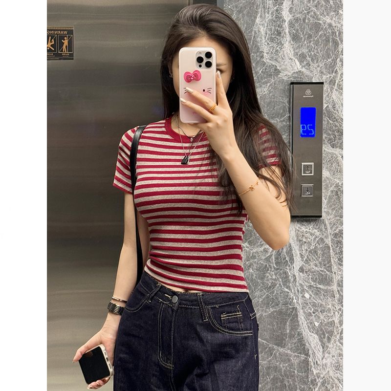 #彩棉条纹恤女短袖正肩短款ins韩版上衣ol小众夏季复古撞色修身