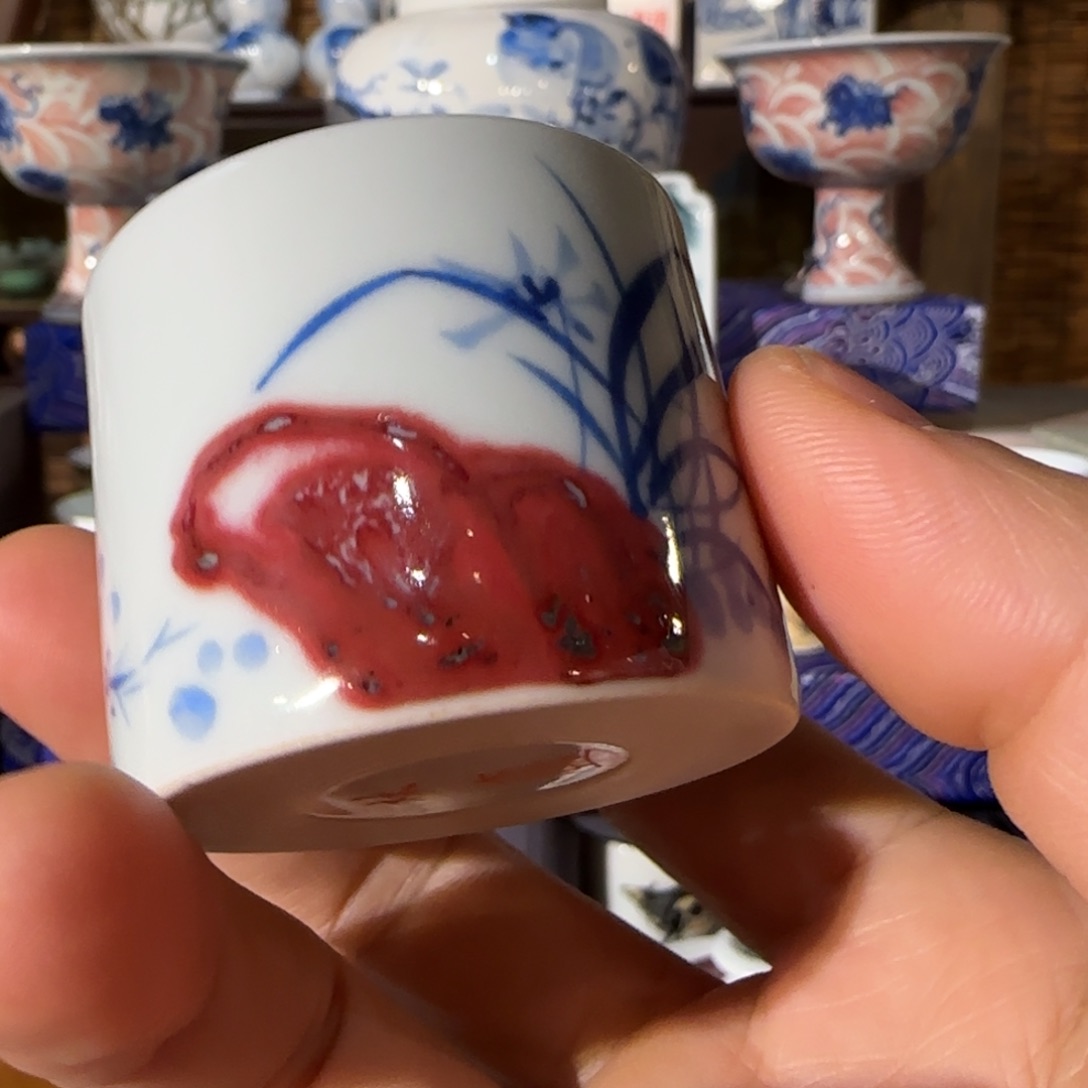 瓷青花釉里红扳指杯