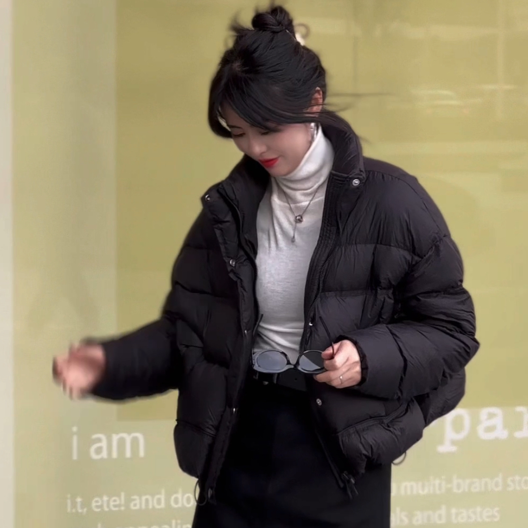 冬季新国标白鸭绒拼色格纹经典简约宽松显瘦中长款外套