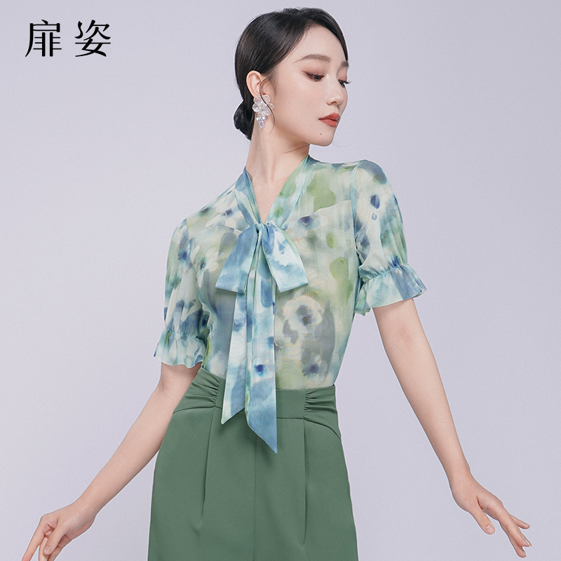 扉姿 摩登舞蹈服女夏季洋气交谊舞练功服新款印花短袖上衣F1270