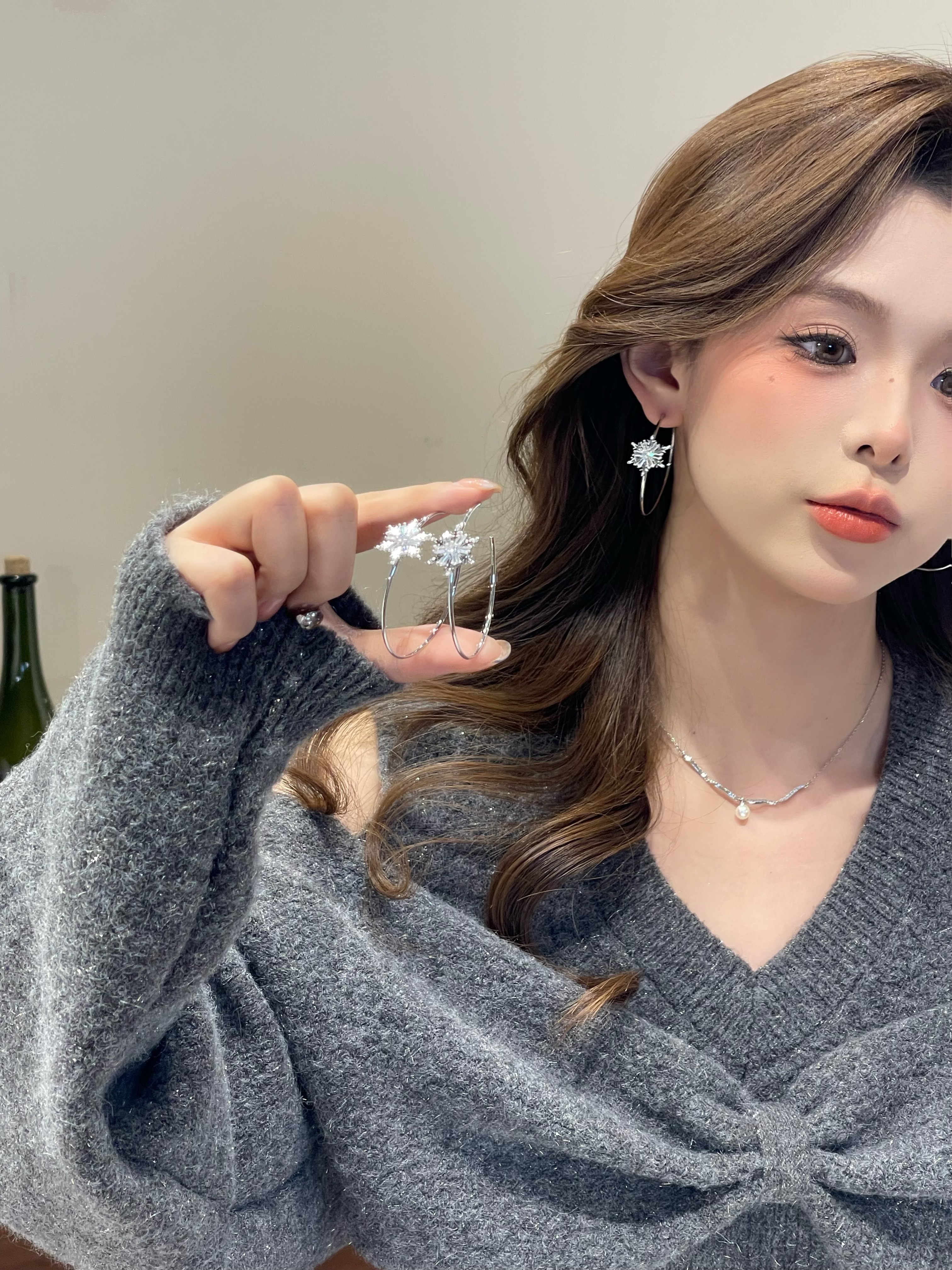 【恰度】夸张设计银色雪花圈圈耳扣