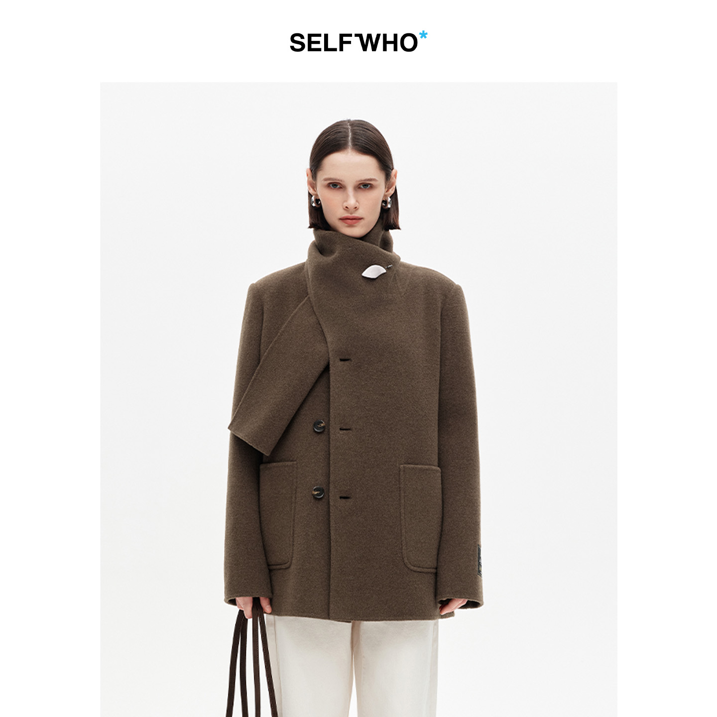 SELFWHO绵羊毛混纺围巾领双面呢外套女2025冬新款中长款毛呢大衣