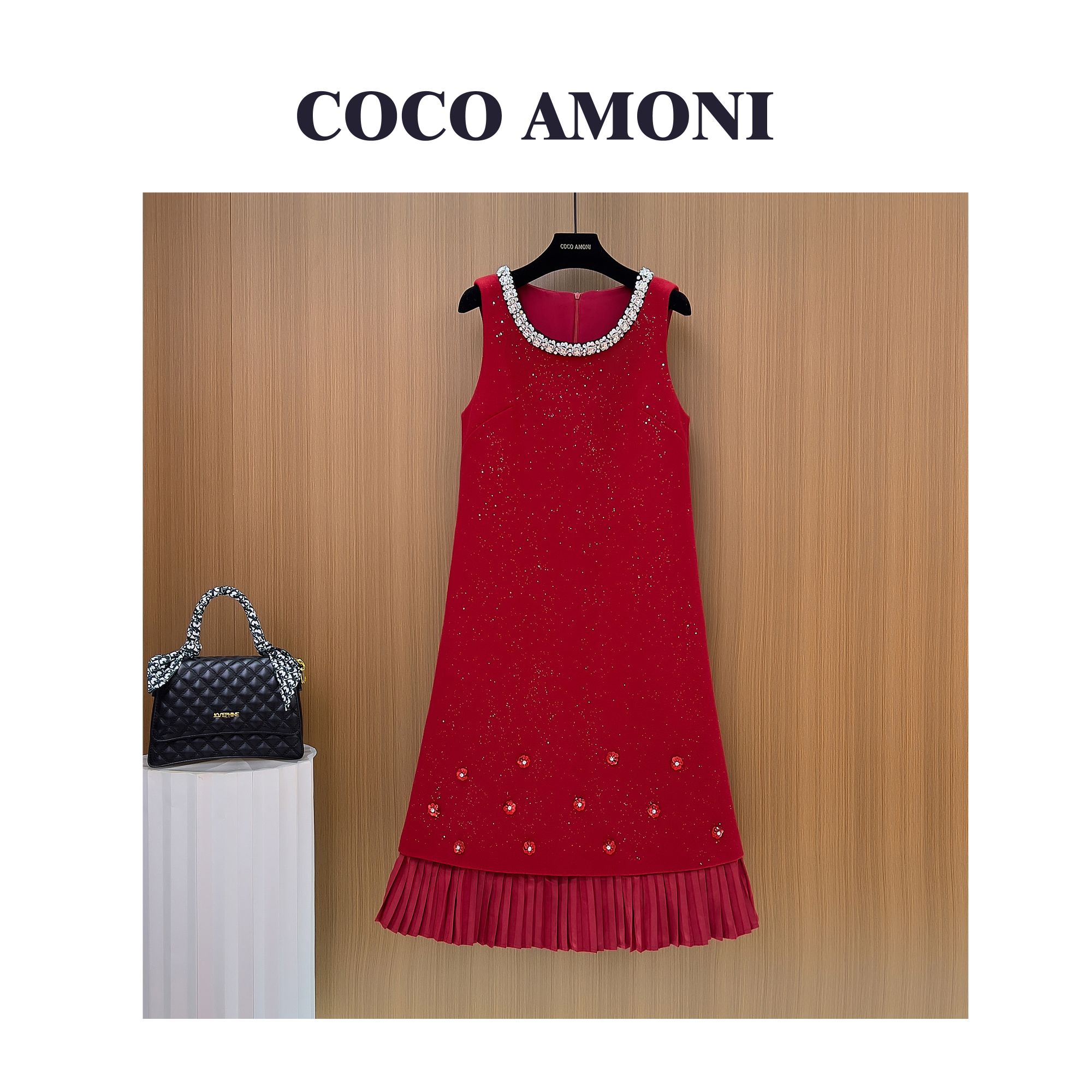 [夏夏]秋冬设计师爆款女装拼接收腰显瘦气质连衣裙WXH1244