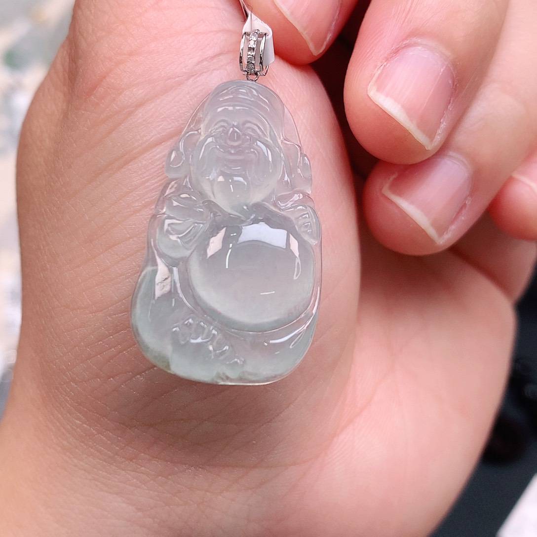 翡翠颈饰18K金镶嵌冰胶财神爷30^18.4*5.4