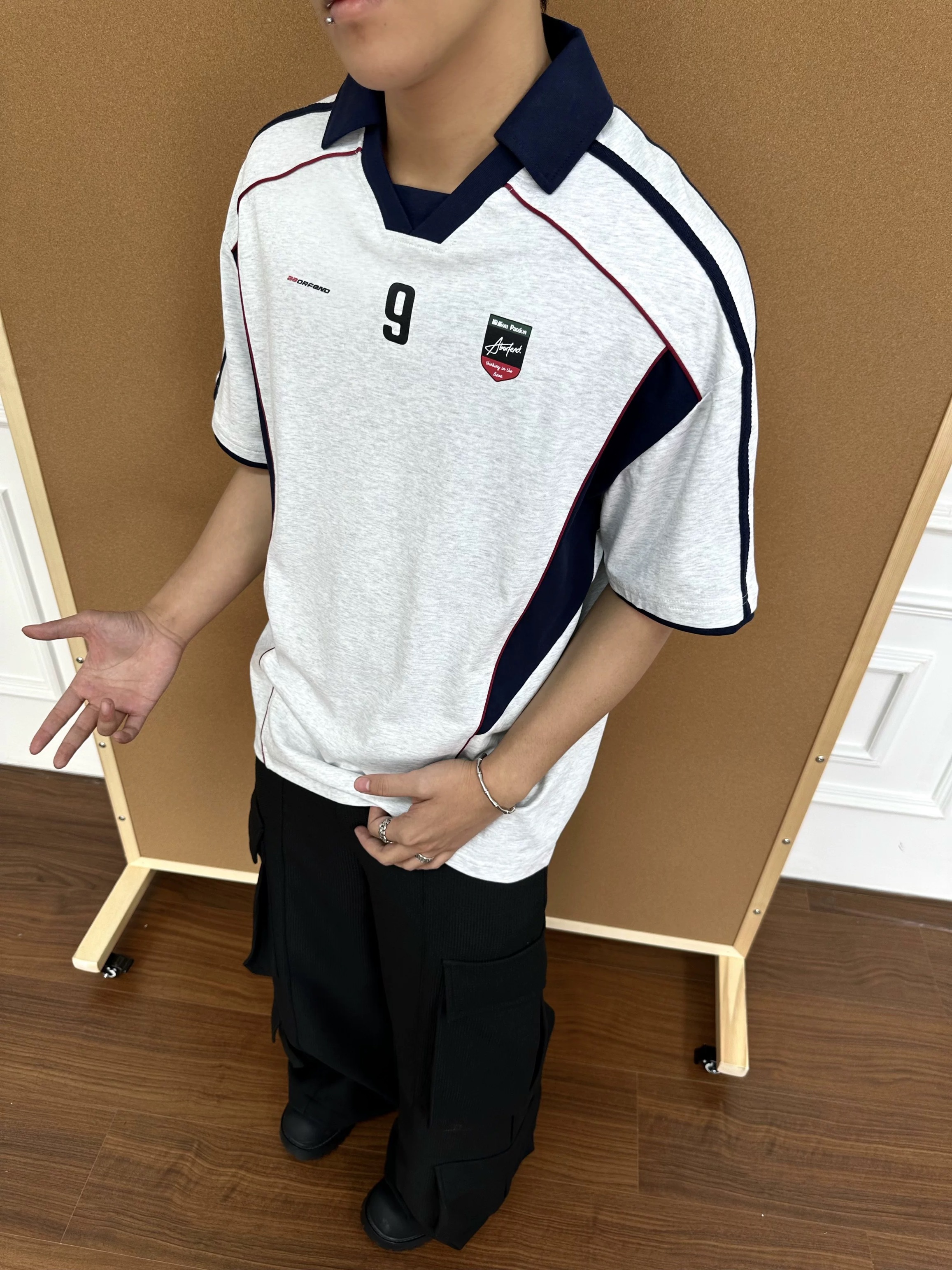 Herry 美式复古拼接设计字母印花运动风polo领短袖T恤