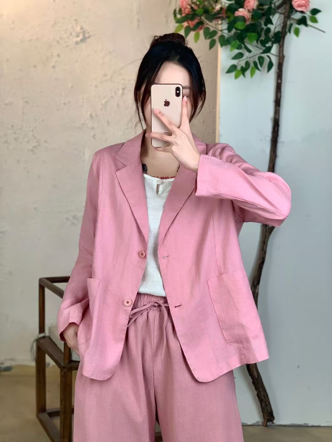 2025款亚麻翻领长袖欧美风常规款衬衫袖西装显瘦休闲西服修身