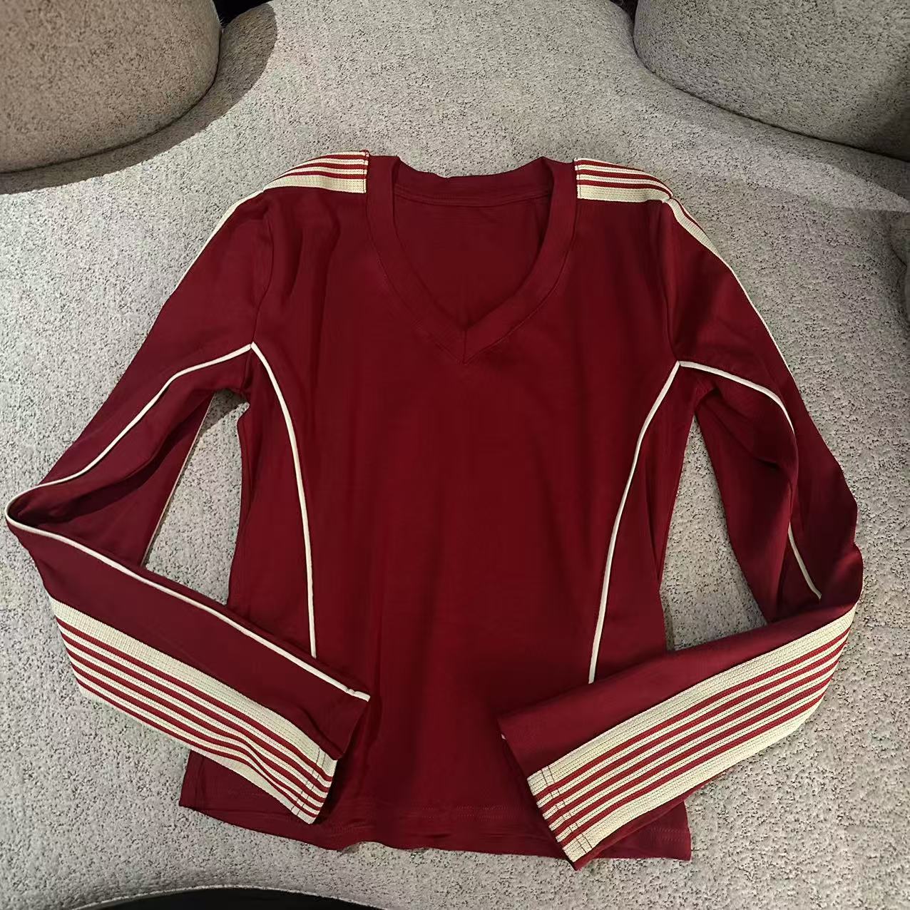 MUZI-26359#小众时尚撞色拼接条纹V领修身长袖T恤