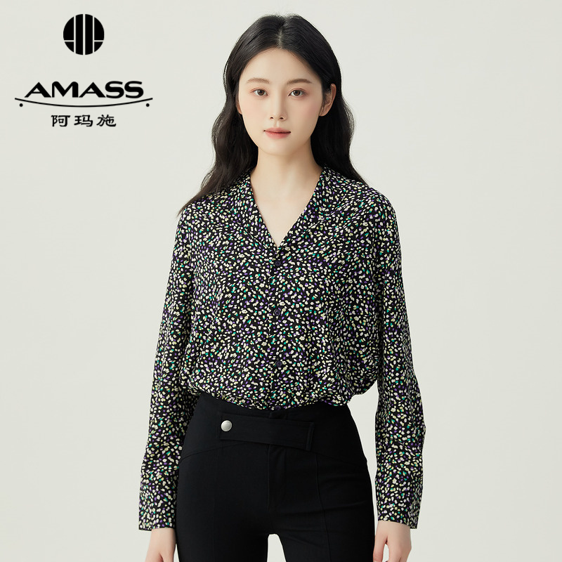 阿玛施AMASS通勤时尚长袖男友风长款格纹衬衣透视女士衬衫5300565