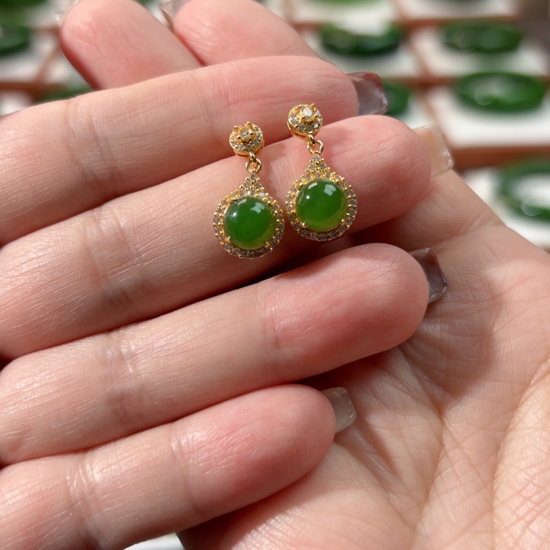 银S925镀金镶嵌和田玉耳饰