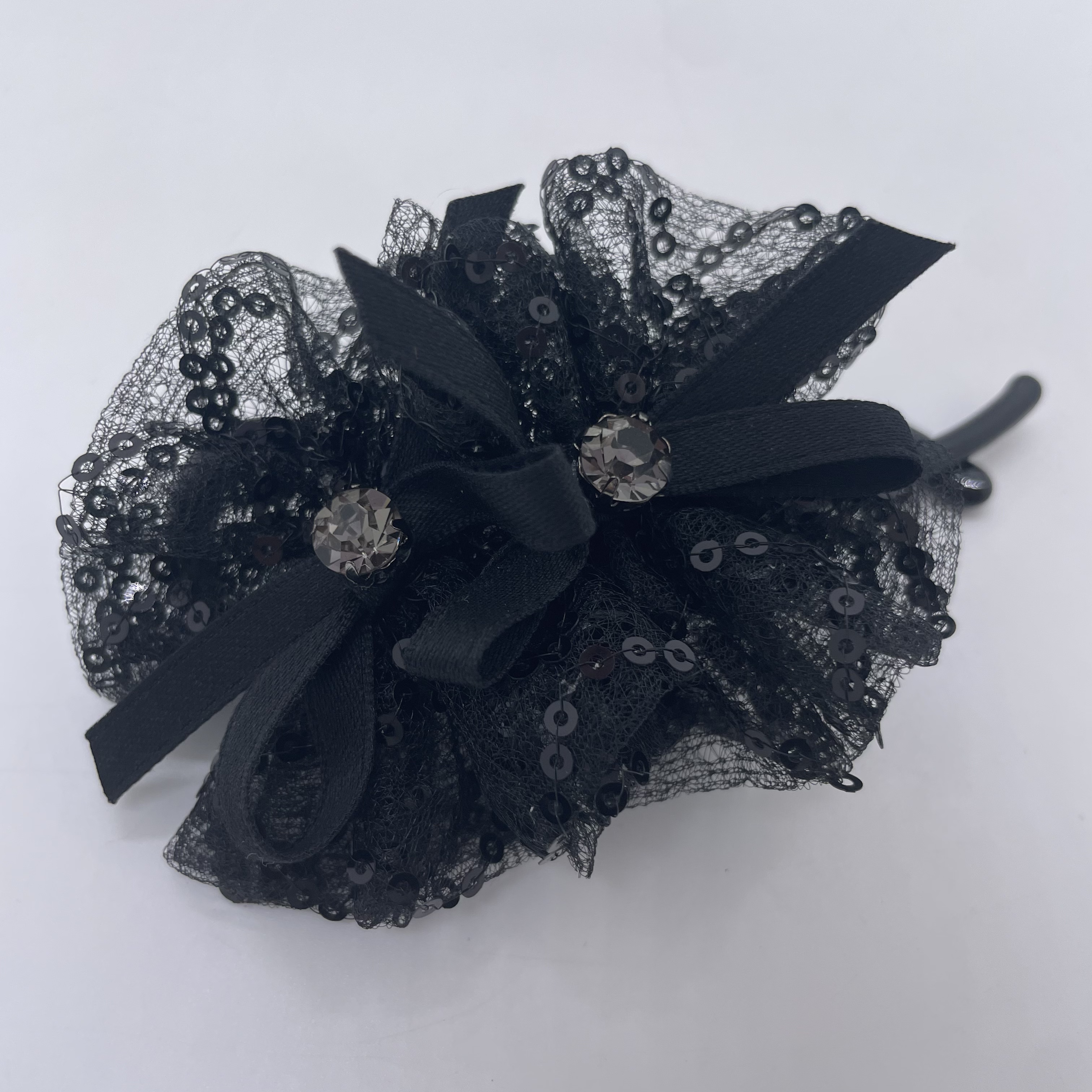 GREBUTY 6766 简约百搭黑色蕾丝钻闪蝴蝶结10cm扭扭夹