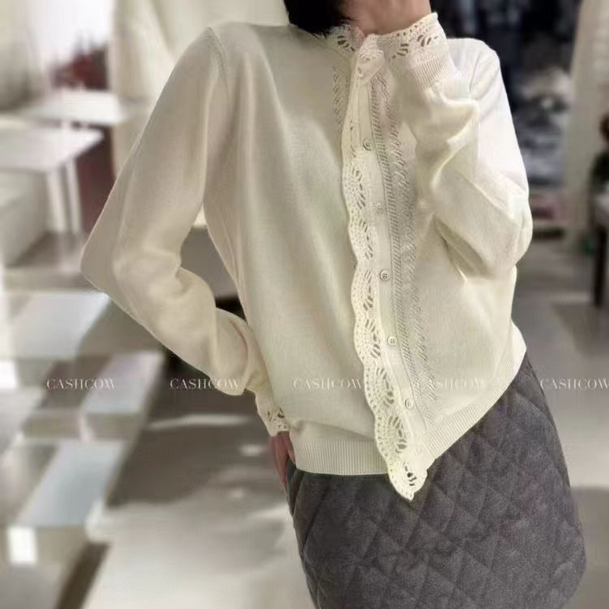 【100%羊毛】法式蕾丝拼接针织衫女秋冬气质温柔设计感毛衣