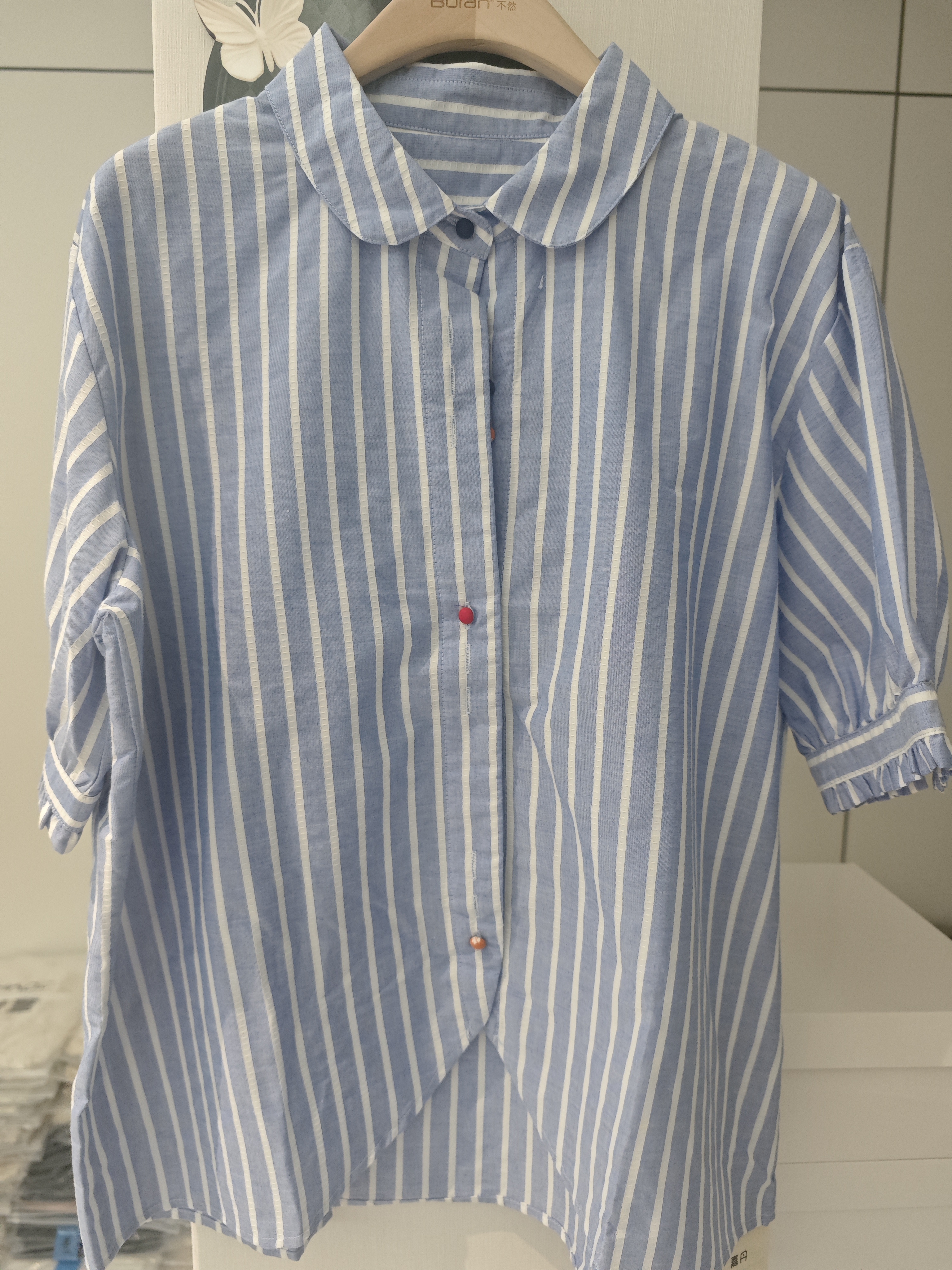 f2286-2宽松竖条纹五分袖纯棉透气衬衫女休闲百搭气质尖领