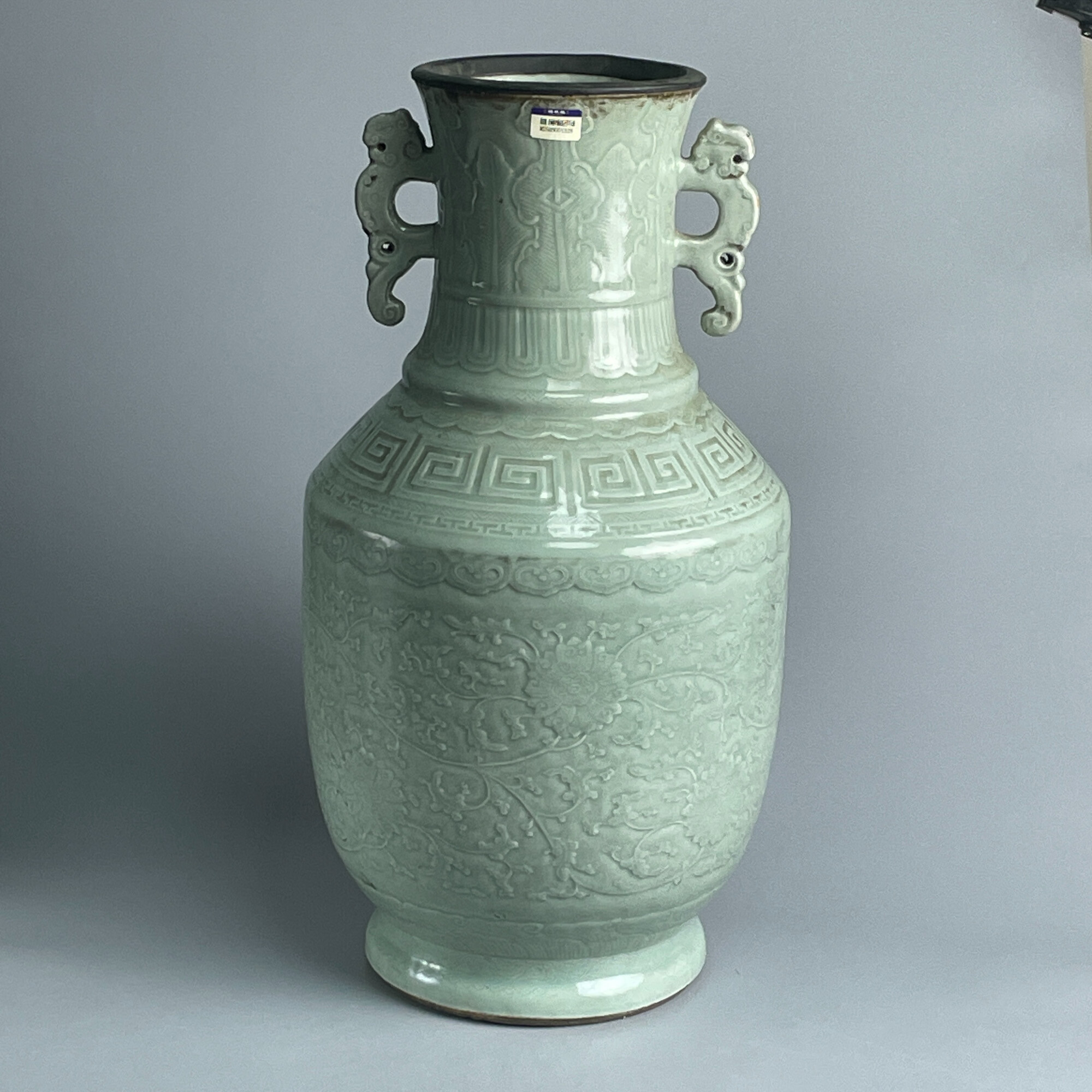 瓷器/古董乾隆青釉模印缠枝花卉兽耳大瓶M25BN001328文物/绣花张