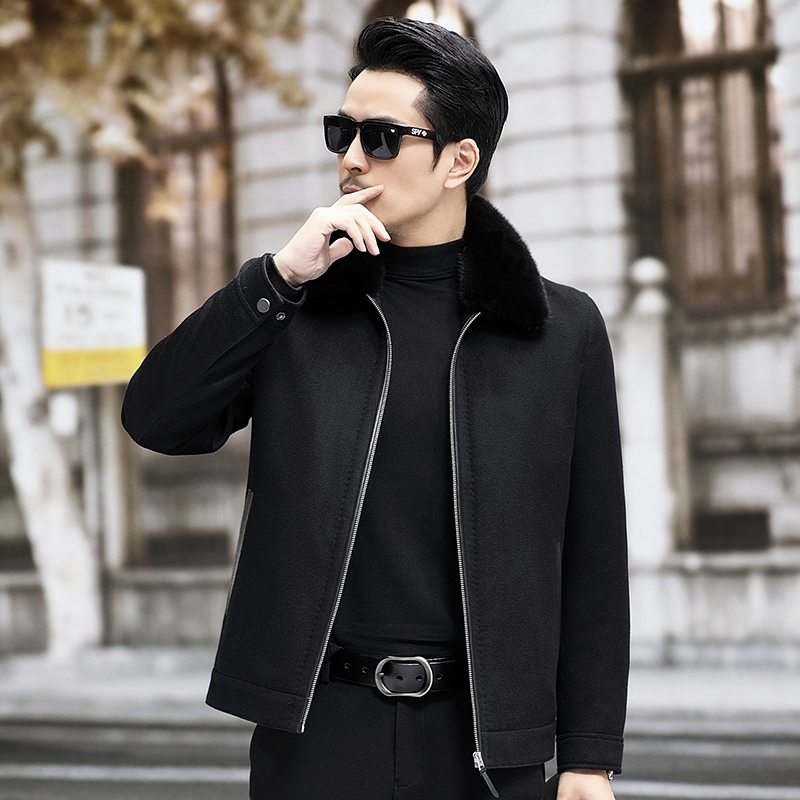 23518 断码 水貂内胆翻领短款男冬季保暖山羊绒外套休闲