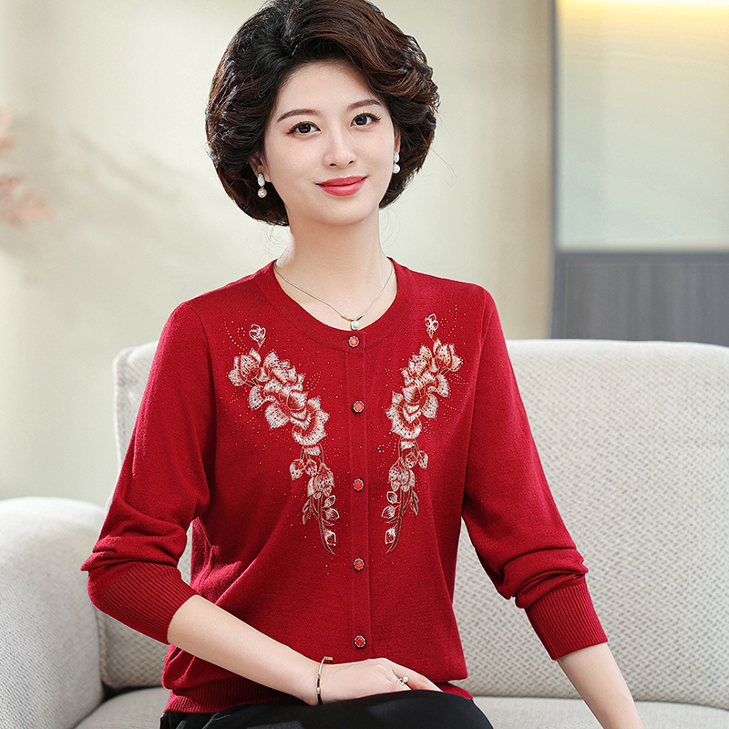 中老年人女早秋时尚妈妈装外套薄款春秋奶奶装针织衫对襟衫羊毛衣