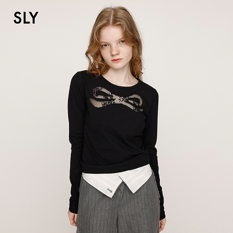 SLY2025秋季甜美温柔风蕾丝蝴蝶结长袖毛针织衫女030IAZ80-2121