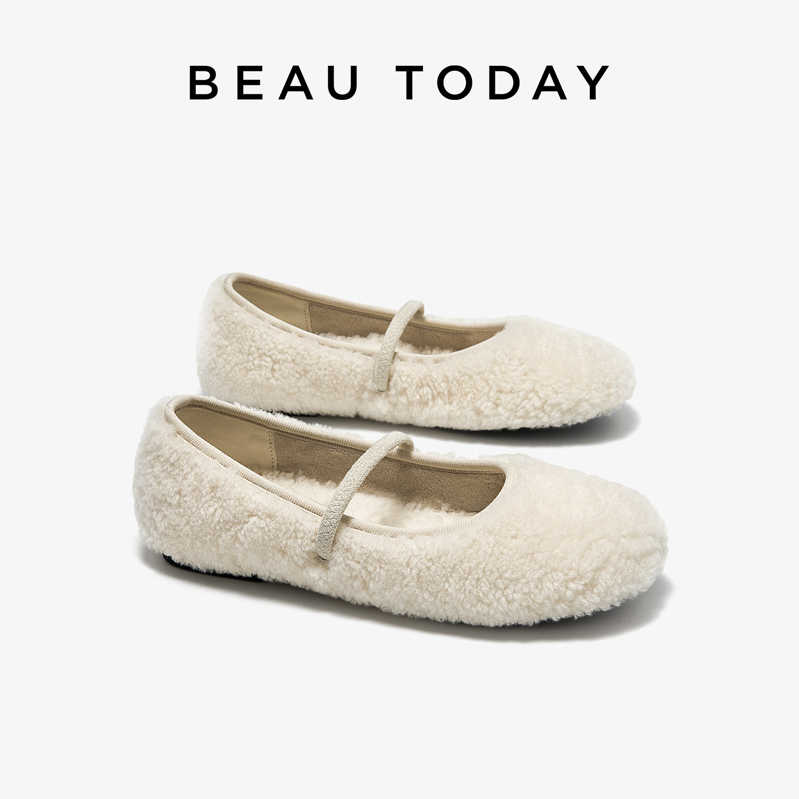 BeauToday平底玛丽珍鞋女2025新款秋冬季加绒保暖毛毛鞋浅口单鞋