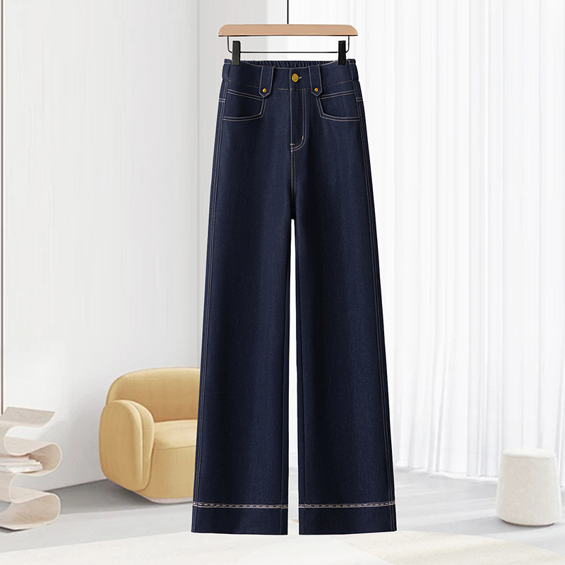 2025秋季垂感女裤【防褪色】丹宁蓝高腰显瘦直筒窄版阔腿软牛仔裤子