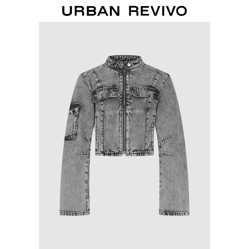UR2025春季新款女装复古做旧洗水短款立领牛仔外套UID850011