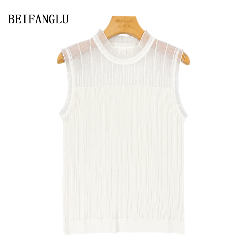 【北方鹿】 精纺羊毛拼欧根纱花边半高领提花百搭背心6097