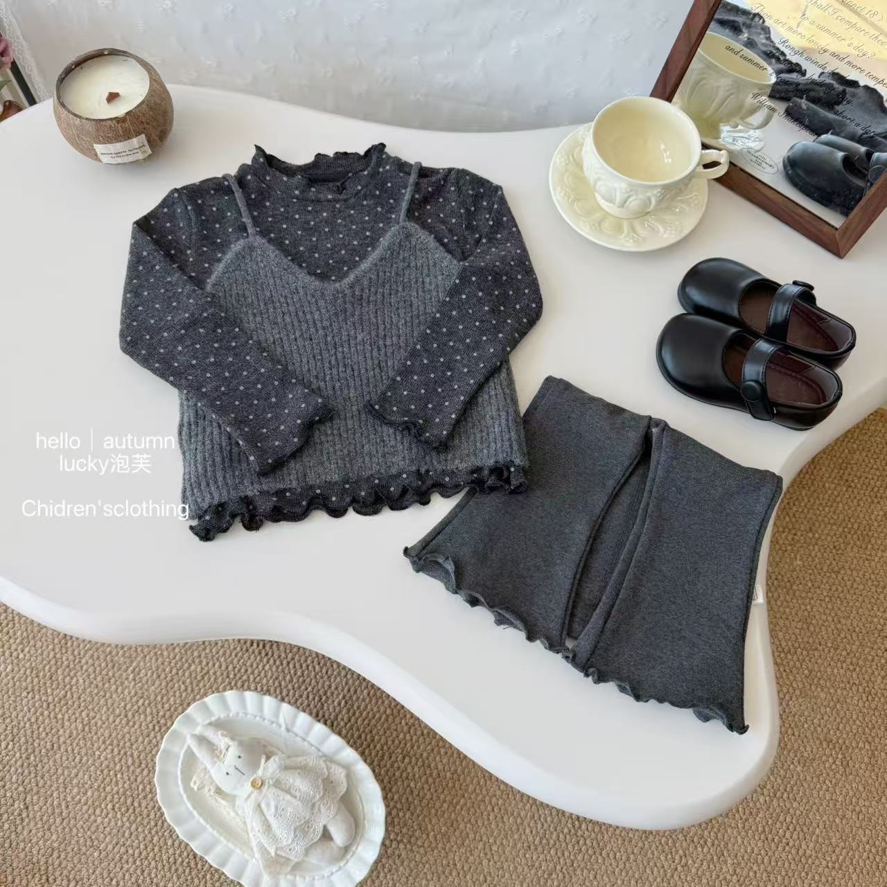 【实体现现】时髦精！女童格雷系背心波点打底衫洋气女宝宝三件套