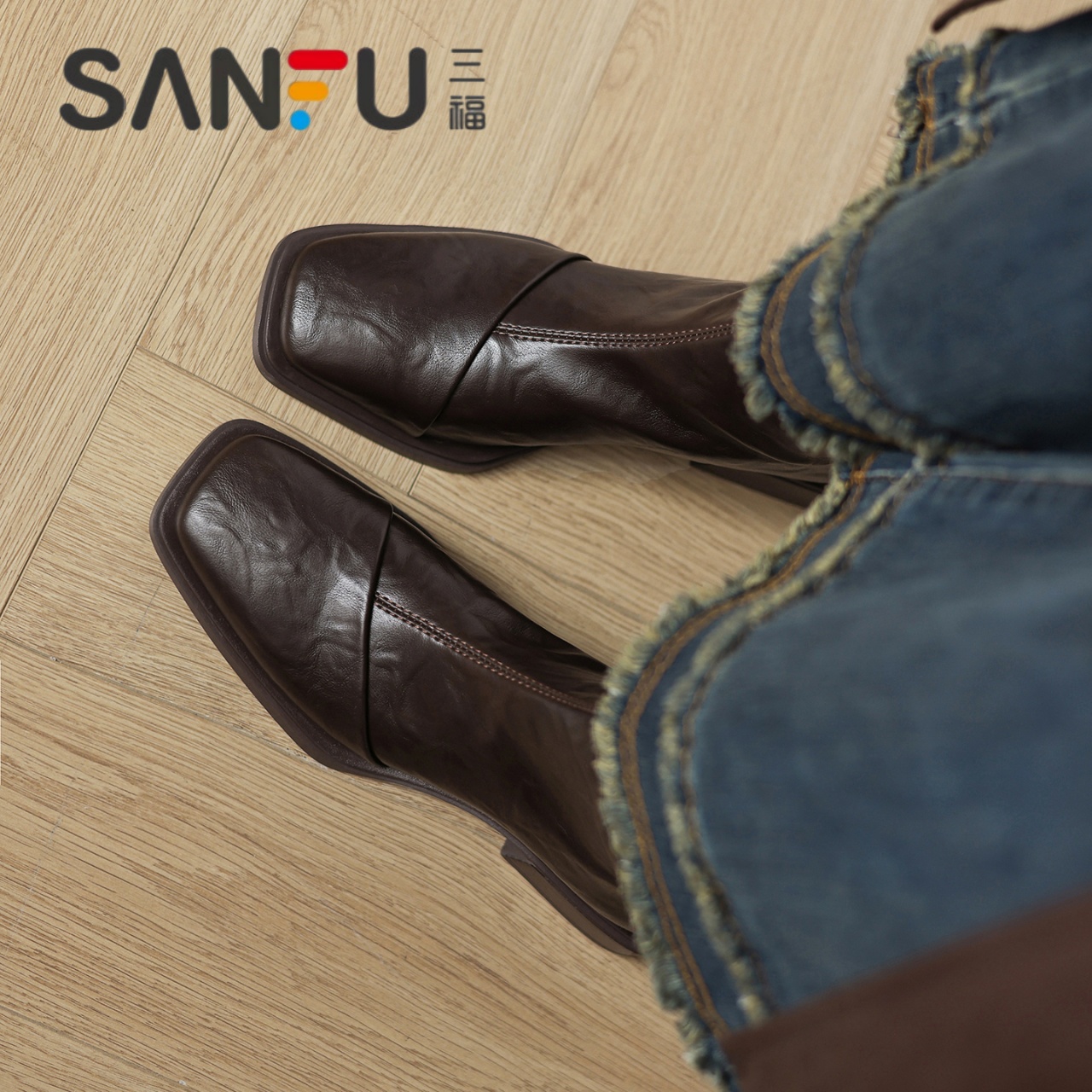 三福小短靴女2025新款秋冬季加绒马丁靴百搭粗跟弹力瘦瘦靴子大码