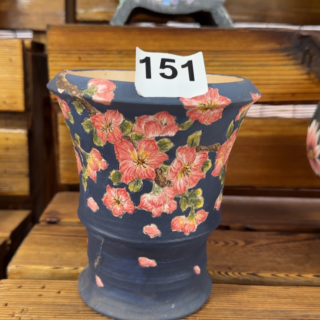 陶151蓝底樱花手绘陶瓷花盆