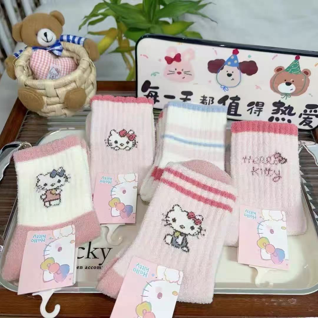 哈喽kt儿童袜子加厚保暖双面绒秋冬新款掌门狗 库洛米 拉布布羊毛