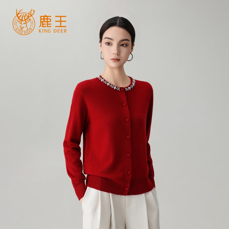 鹿王25秋冬新款女圆领100山羊绒时尚镶钻休闲针织开衫 RA281