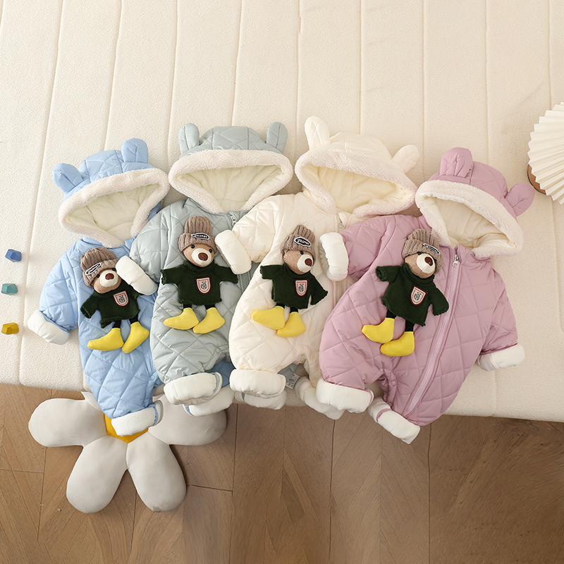 秋冬长袖新生儿拉链毛线帽子熊偏开棉哈衣宝宝长爬爬服哈衣