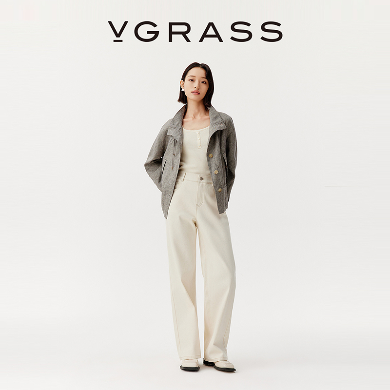 VGRASS25早秋新款柔糯棉混纺牛仔布标准直筒版型高腰牛仔裤白色