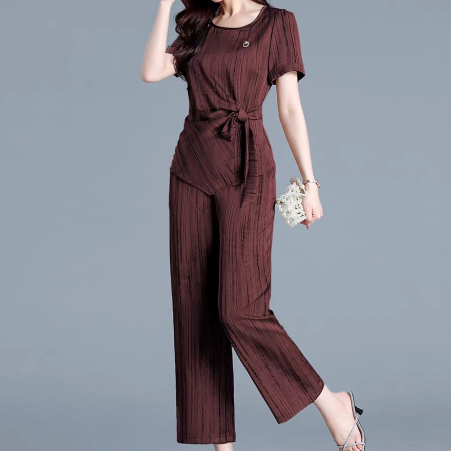 V5062 新款时尚气质显瘦套装超凉快女夏天减龄小衫阔腿裤两件套