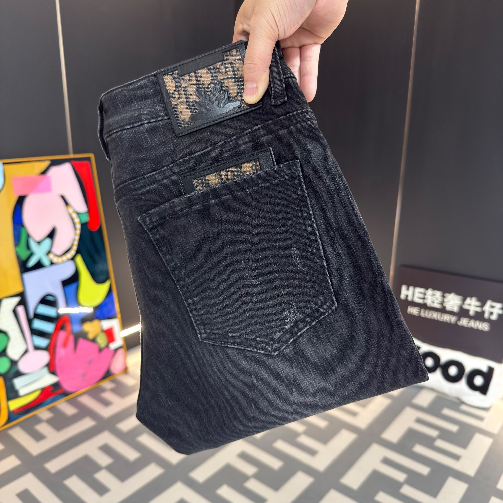 【HE专属】黑灰石磨直筒牛仔裤修身弹力烟灰色长裤男士轻奢秋冬