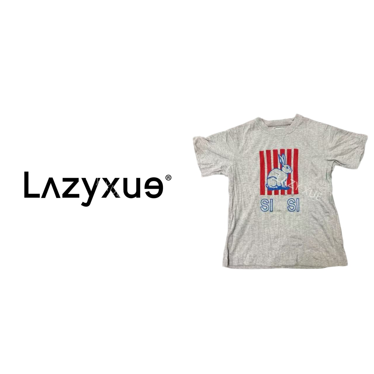 LAZYXUE薛懒懒/"褶皱兔"休闲夏季灰色印花圆领短袖T恤 T1302