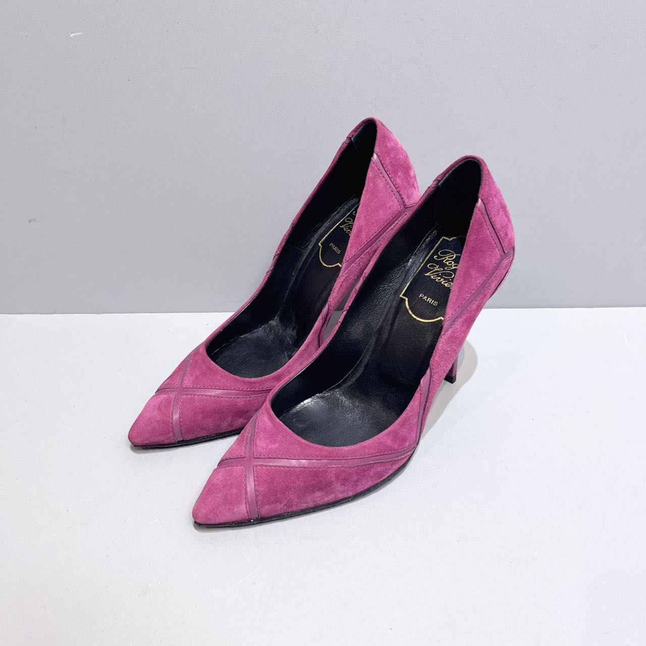 99新 Roger Vivier/罗杰·维威耶 麂皮拼接高跟鞋紫色34.5码 高7cm