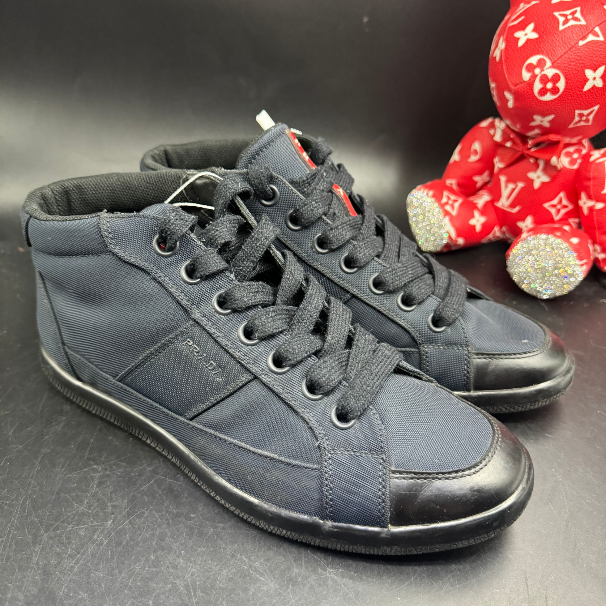 95新 Prada/普拉达 【AO福利】39.5欧码 男士深蓝帆布高帮板鞋7775