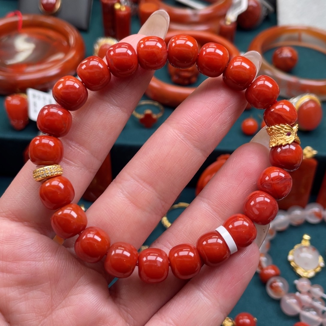 南红玛瑙银S925镶嵌川料南红老型DIY单圈手串9mm