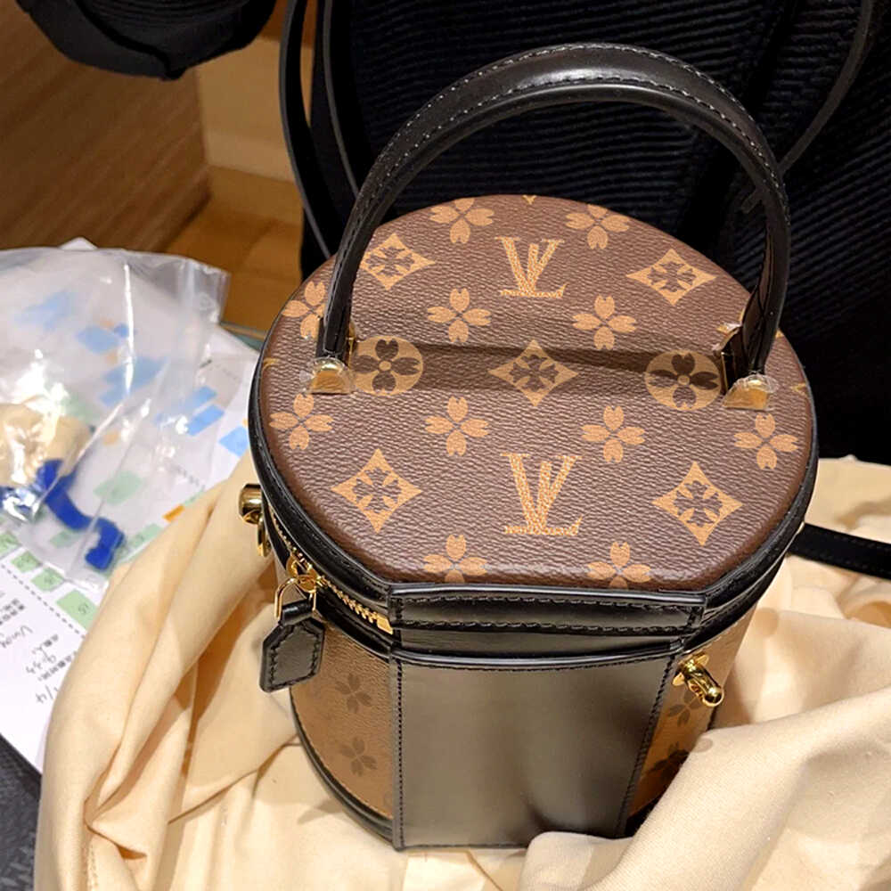 香港代购正品2025新款真皮老花圆桶包发财桶水桶包单肩斜跨手提包