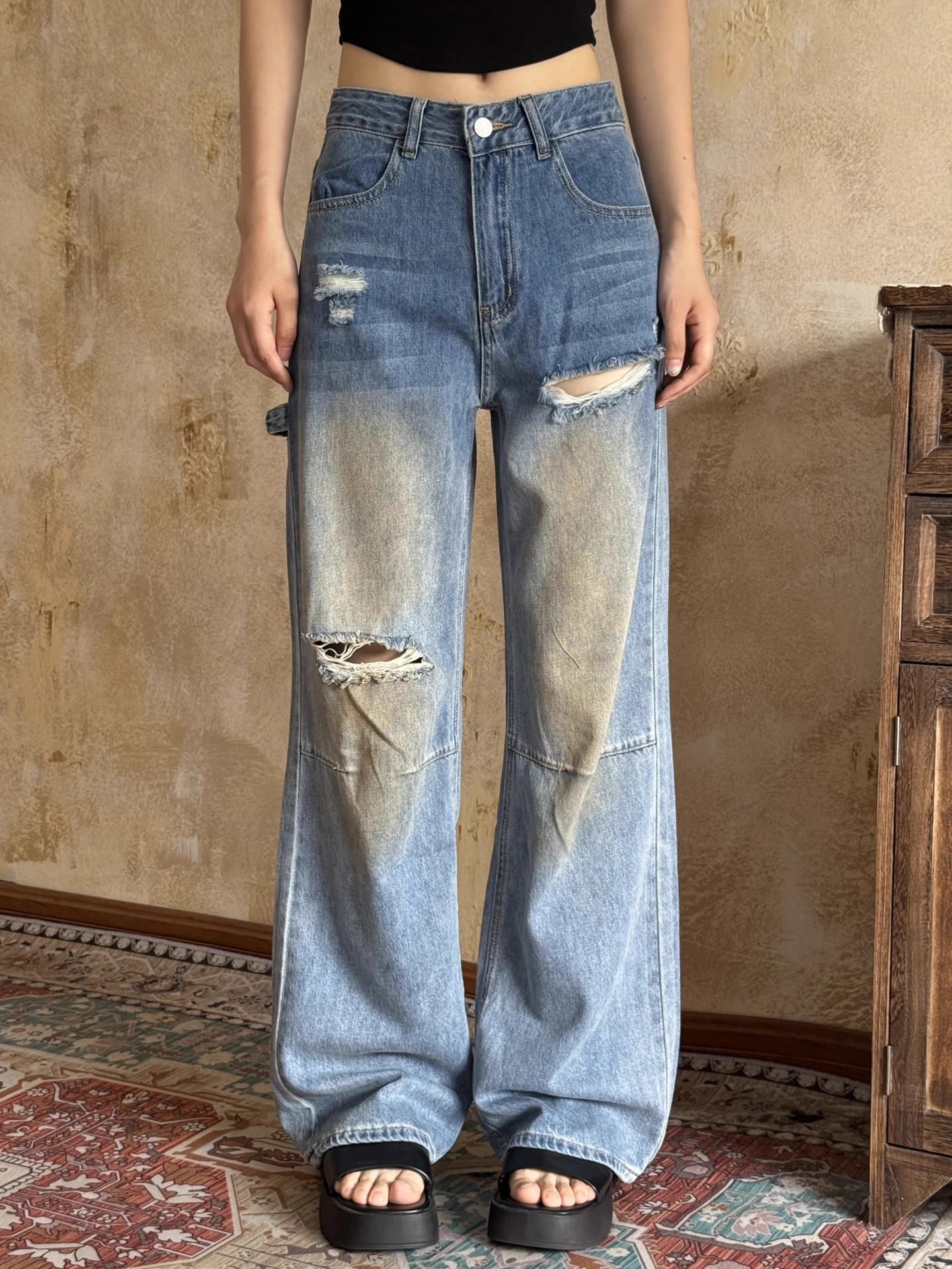 VintageTang美式复古做旧破洞牛仔裤女宽松阔腿拖地长裤骁呐高街